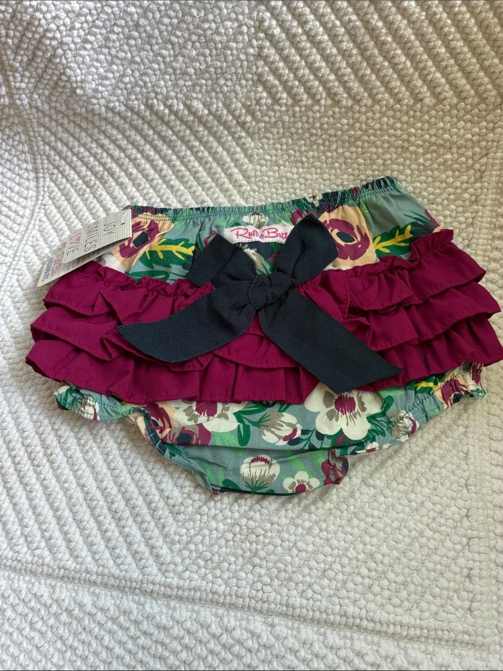 Ruffle Butt Secret Garden Floral Bloom Baby Bloomers with Navy Bow